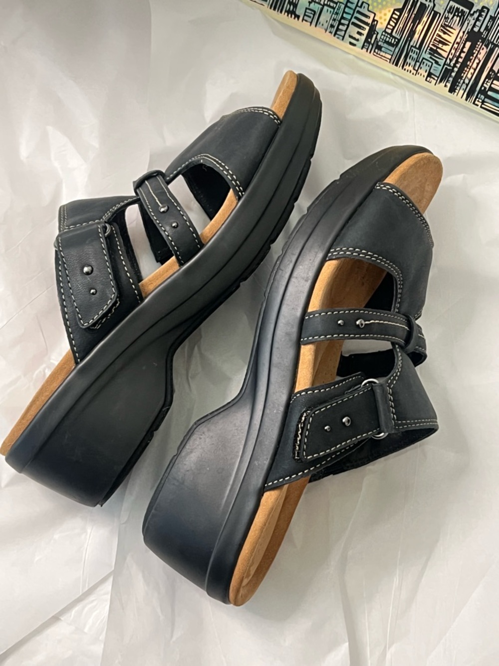 ClarksTuleah Jane Black Leather Slide Sandals with Buckle Straps - Picture 6 of 15